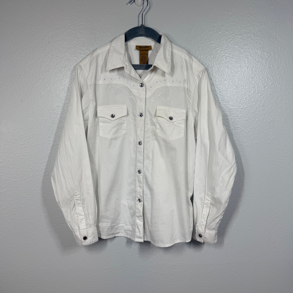 Wrangler Button Down Girls XXL White Western Shirt Embroidered Rhinestone Snap